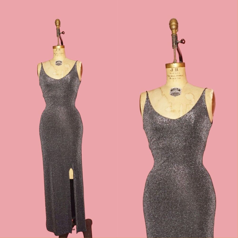 1990s-Y2K Just in Time. Black & Silver Metallic, Glitter Maxi Dress W/Slit. XS-S